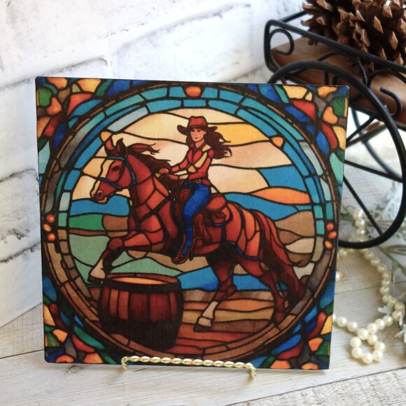 Barrel Racing Horse Cowgirl Picture Stained Glass Style Mural Rodeo Picture